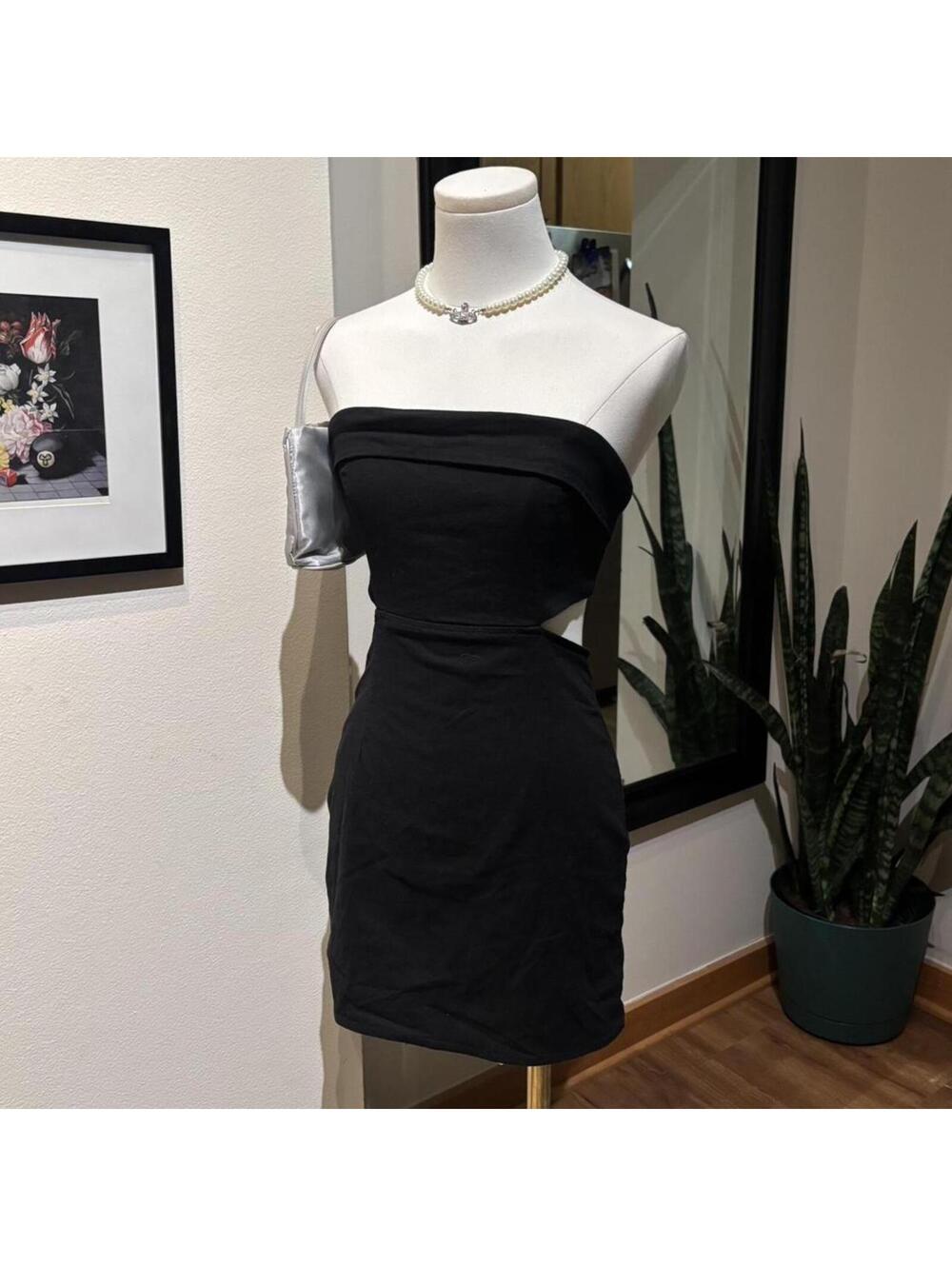 Black Strapless Cutout Mini Dress Cotton Bodycon Going Out Dress